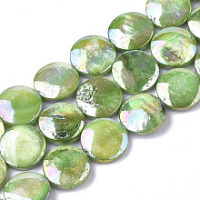 Honeyhandy Freshwater Shell Beads Strands, AB Color Plated, Dyed, Flat Round, Lime Green, 10~11.5x3~4mm, Hole: 1mm, 34pcs/strand, 15.15 inch