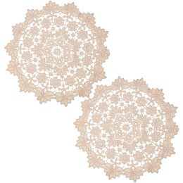 GORGECRAFT 2Pcs 35cm Diameter Lace Doilies Large Round Crochet Lace Coasters Vintage Beige Floral Leaves Embroidery Table Place Mats for Kitchen Dining Room Cup Bowl Pot Wedding Birthday Decoration