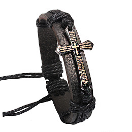 Honeyhandy Adjustable Cross with Word Iron Braided Leather Cord Bracelets, Black, 60mm