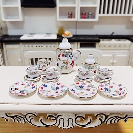 Honeyhandy Mini Ceramic Tea Sets, including Teacup, Saucer, Teapot, Cream Pitcher, Sugar Bowl, Miniature Ornaments, Micro Landscape Garden Dollhouse Accessories, Pretending Prop Decorations, Flower Pattern, 15pcs/set