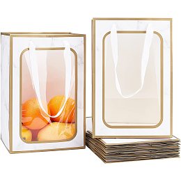 PandaHall Elite 10pcs Paper Gift Bags with Window, Marbling Kraft Bags Flower Bouquet Gift Bags with Handles Tote Display Bags for Wedding Bridal Shower Anniversary Xmas Party Gift 11.8x7.8x6.3inch