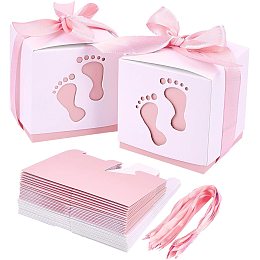 PandaHall Elite 60 Sets Newborn Baby Footprints Candy Boxes, Baby Shower Candy Boxes Folding Boxes Pink Paper Gift Box with Sewing & Fabric Birthday Party Gift Favor (2.4 x 2.4 x 2.4 Inch)