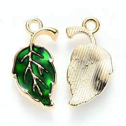 Honeyhandy Alloy Enamel Pendants, Leaf, Light Gold, Green, 20x10x2mm, Hole: 1.6mm