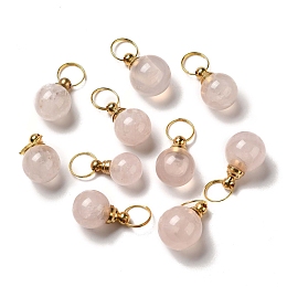 Natural Rose Quartz Openable Perfume Bottle Pendants, with Golden Tone Brass Findings, Round Charm, 31~36mm, Pendant: 21.5~26x8.5~18mm