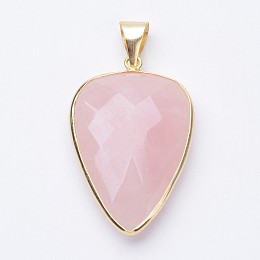 Honeyhandy Faceted Natural Rose Quartz Pendants, with Golden Tone Brass Findings, teardrop, 40x27x7~9mm, Hole: 4x5mm