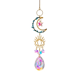 Honeyhandy Glass Teardrop/Star Prisms Suncatchers Hanging Ornaments, with Stainless Steel Moon and Gemstone Beads, for Home, Garden Decoration, Evil Eye Pattern, No Size