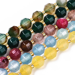 Honeyhandy Natural Agate Beads Strands, Faceted, with Seed Beads, Dyed, Round, Mixed Color, 10.5x9.5mm, Hole: 1.2mm, about 31~32pcs/strand, 14.96 inch(38cm)