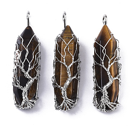 Honeyhandy Natural Tiger Eye Big Wire Wrapped Pendants, with Brass Wires, prismatic with Tree of Life, Platinum, 48~62x14~17x13~18mm, Hole: 4x5~6mm