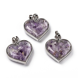 Honeyhandy Glass Bottle Pendants, with Natural Amethyst Chips and Platinum Plated Alloy Findings, Heart, 40x32.5x11mm, Hole: 8x5mm