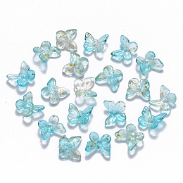 Honeyhandy Two Tone Transparent Spray Painted Glass Charms, with Glitter Powder, Butterfly, Turquoise, 9.5x11x3mm, Hole: 0.8mm