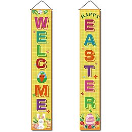 CREATCABIN Easter Welcome Door Banner Funny Bunny Yellow Plaid Door Decor Hanging Porch Sign Banners for Birthday Party Indoor Outdoor Holiday Home Porch Wall Yard Farmhouse 11.8 x 70.8inch