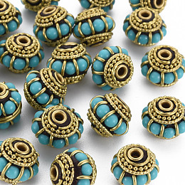 Honeyhandy Handmade Indonesia Beads, with Brass Findings, Nickel Free,  Rondelle with Circle, Raw(Unplated), Medium Turquoise, 13x10mm, Hole: 2mm