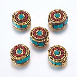 Honeyhandy Handmade Indonesia Beads, with Brass Findings, Nickel Free, Flat Round, Raw(Unplated), Red, 12x6~7.5mm, Hole: 2mm