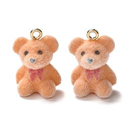 Honeyhandy Flocky Resin Pendants, with Alloy Findings, Bear, Saddle Brown, 22x15x12mm, Hole: 2mm