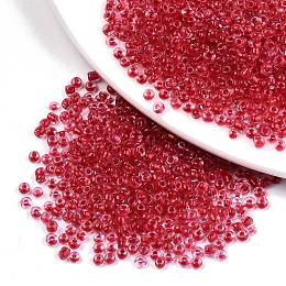 Honeyhandy 6/0 Glass Seed Beads, Transparent Inside Colours, Round Hole, Round, Crimson, 6/0, 4~5x2.5~4.5mm, Hole: 1.2mm, about 4500pcs/bag