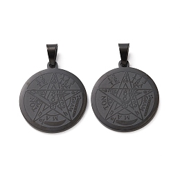 Honeyhandy Religion 304 Stainless Steel Flat Round, Tetragrammaton Pentagram Wiccan Pendant, Electrophoresis Black, 27x24x2mm, Hole: 8x4mm