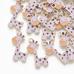 Honeyhandy Alloy Enamel Pendants, Light Gold, Giraffe, Lilac, 27x12x2mm, Hole: 2mm