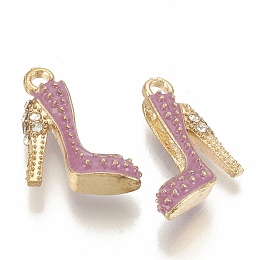 Honeyhandy Alloy Enamel Stilettos Pendants, Cadmium Free & Lead Free, with Rhinestone, High-heeled Shoes, Light Gold, Dark Orchid, 17.5x14x6mm, Hole: 2mm