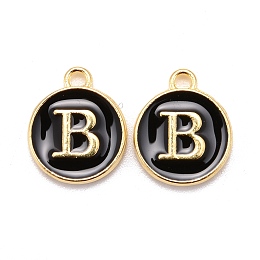 Honeyhandy Golden Plated Alloy Charms, Cadmium Free & Lead Free, with Enamel, Enamelled Sequins, Flat Round with Letter, Black, Letter.B, 14x12x2mm, Hole: 1.5mm