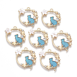 Honeyhandy Alloy Crystal Rhinestone Pendants, with Enamel and Resin, Glitter Powder, Golden, Cat with Flower, Sky Blue, 24x22x3mm, Hole: 1.5mm