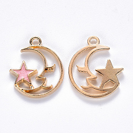 Honeyhandy Alloy Enamel Pendants, Moon with Star, Light Gold, Pink, 19x17x2mm, Hole: 1.6mm