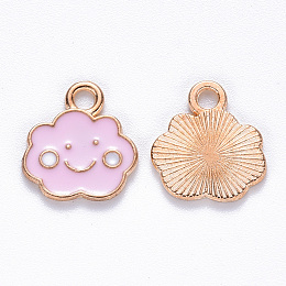 Honeyhandy Alloy Enamel Charms, Cloud, with Smile Face, Light Gold, Pink, 13x12x1mm, Hole: 1.8mm
