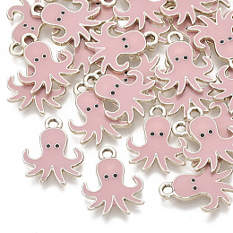 Honeyhandy Alloy Enamel Pendants, Light Gold, Octopus, Pink, 20x16x2mm, Hole: 2mm