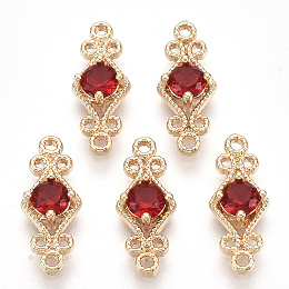 Honeyhandy Golden Tone Brass Links connectors, with Glass, Rhombus, Red, 16x6.5x3.5mm, Hole: 1mm