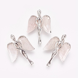 Honeyhandy Natural Rose Quartz Pendants, with Brass Findings, Angel, Platinum, 34x23x8mm, Hole: 3x5mm