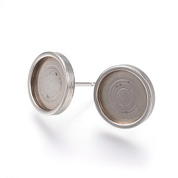 Honeyhandy 304 Stainless Steel Stud Earring Settings, Flat Round, Stainless Steel Color, 12x2mm, Tray: 10mm, Pin: 0.7mm