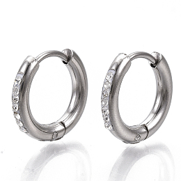 Honeyhandy 201 Stainless Steel Huggie Hoop Earrings, with 304 Stainless Steel Pins and Crystal Rhinestone, Ring, Stainless Steel Color, 15x2.5mm, Pin: 1mm