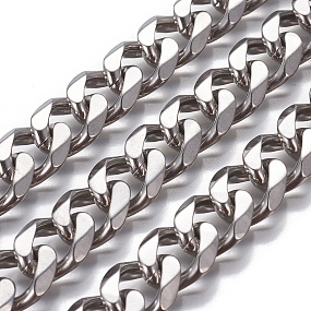 201 Stainless Steel Cuban Link Chains, Chunky Curb Chains, Faceted, Unwelded, Stainless Steel Color, 13.5~14x11.5~12x4mm