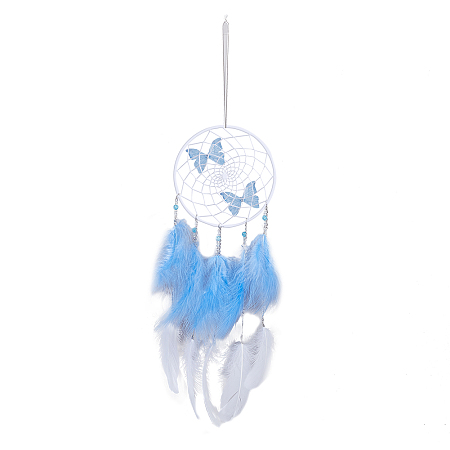 SUPERFINDINGS Woven Net/Web with Feather & Butterfly Pendant Decorations, Cotton Wrapped Iron Hanging Ornament, Sky Blue, 660mm, 1pc/box
