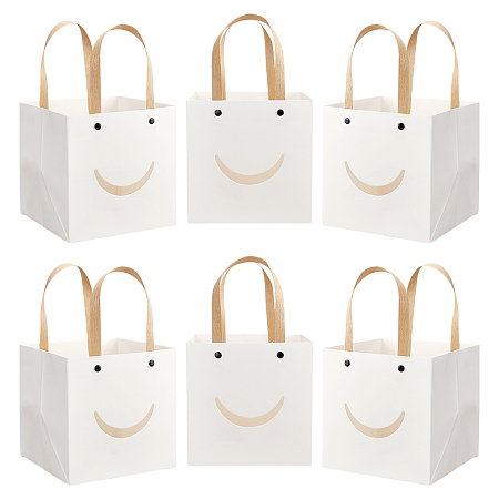 NBEADS 12 Pcs White Craft Paper Bags, 5.9x5.9 Carrier Paper Gift Bags With Handles Party Favor Kraft Paper Bag with Smiling Shape Clear Window for Candy Cookies Packaging, Wedding, Christmas, Party