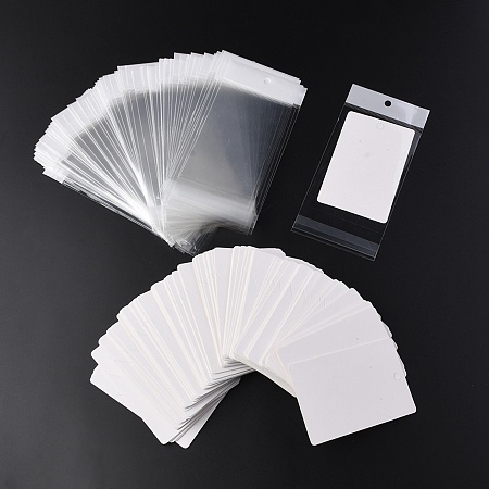 Honeyhandy 100Pcs Rectangle Paper One Pair Earring Display Cards with Hanging Hole, Jewelry Display Card for Pendants and Earrings Storage, with 100Pcs White Header OPP Cellophane Bags, White, Cards: 90x60x0.6mm, hole: 6mm and 1.6mm
