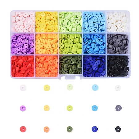 Honeyhandy 15 Colors Eco-Friendly Handmade Polymer Clay Beads, for DIY Jewelry Crafts Supplies, Disc/Flat Round, Heishi Beads, Mixed Color, 6x1mm, Hole: 2mm, 15 Colors, about 190~200pcs/color, 2850~3000pcs/box