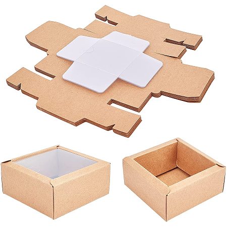 SUPERFINDINGS 16pcs About 8.3x8.3x3.6cm Kraft Paper Camel Square Box Cardboard Jewelry Box Gift Wrapping Box with Square PVC Transparent Window for Party Favor Treats and Jewelry Packaging