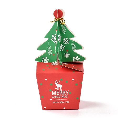 Arricraft Christmas Theme Paper Fold Gift Boxes, with Iron Wire & Bell, for Presents Candies Cookies Wrapping, Christmas Tree Pattern, 9x9x15.5cm