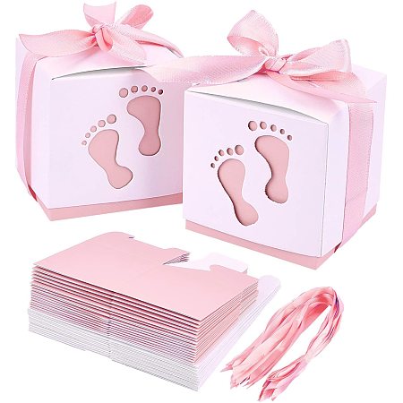 PandaHall Elite 60 Sets Newborn Baby Footprints Candy Boxes, Baby Shower Candy Boxes Folding Boxes Pink Paper Gift Box with Sewing & Fabric Birthday Party Gift Favor (2.4 x 2.4 x 2.4 Inch)