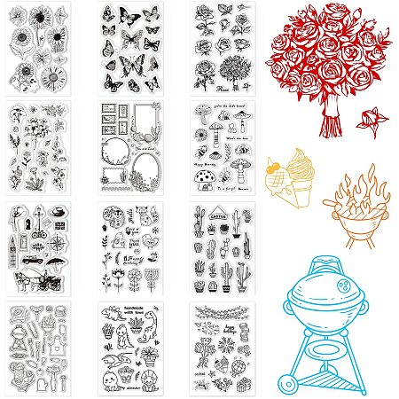 GLOBLELAND 12 Sheets Silicone Clear Stamps for Card Making Decoration and DIY Scrapbooking(Sunflowers, Roses, Bees, Cactus, Flowers, Dinosaurs, Barbecues, Holidays etc)