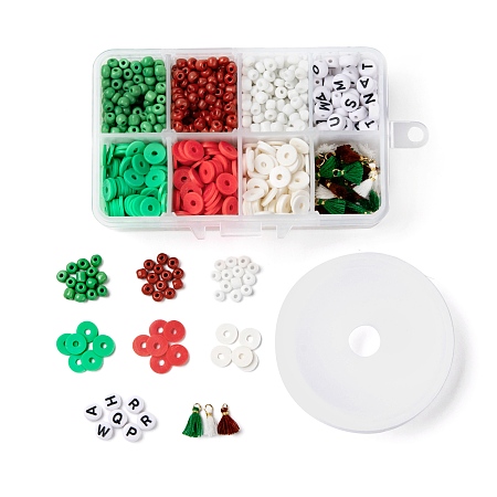 ARRICRAFT 3 Colors 1155Pcs DIY Christmas Theme Stretch Bracelets Making Kits, Including Round Glass Seed Beads, Polymer Clay Heishi Beads, Polycotton Tassel, Acrylic Letter Beads and 8m Elastic Crystal Thread, Mixed Color, 4mm, Hole: 1.5mm