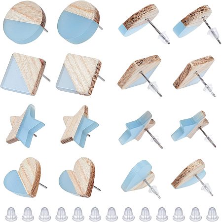 OLYCRAFT 8 Pairs Resin Wooden Stud Earrings Mixed Shape Vintage Resin Wood Statement with 304 Stainless Steel Pin and Plastic Ear Nuts for Earring Jewelry Findings - Light Blue