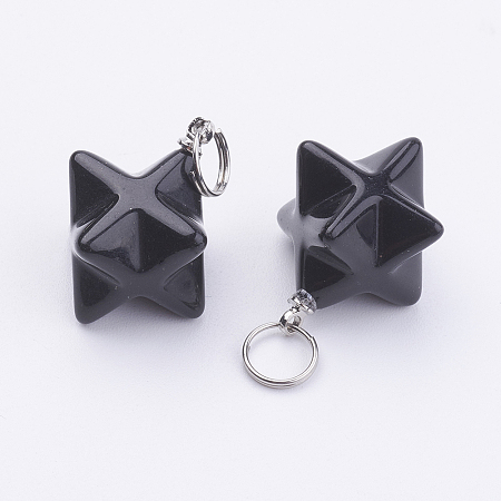Honeyhandy Natural Obsidian Pendants, with 201 Stainless Steel Split Rings, Stainless Steel Color, Merkaba Star, 22~23x16.5~17x19mm, Hole: 6mm