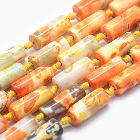 NBEADS Dyed Natural Fire Agate Beads Strands, Column, Orange, 20~22x8mm, Hole: 1.5mm; about 16pcs/strand, 15.7
