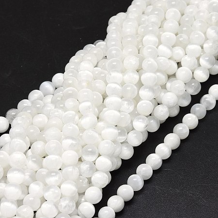 Honeyhandy Natural Selenite Beads Strands, Round, 8~8.5mm, Hole: 1mm, about 46~49pcs/strand, 15.55 inch(39.5cm)
