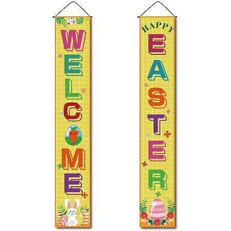 CREATCABIN Easter Welcome Door Banner Funny Bunny Yellow Plaid Door Decor Hanging Porch Sign Banners for Birthday Party Indoor Outdoor Holiday Home Porch Wall Yard Farmhouse 11.8 x 70.8inch
