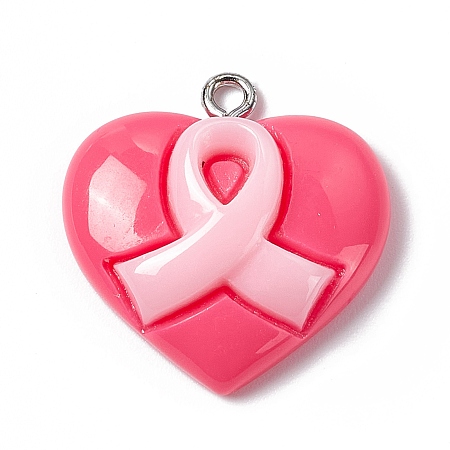 Honeyhandy Acrylic Pendants, with Platinum Tone Iron Loop, Heart with Breast Cancer Awareness Ribbon Charm, Deep Pink, 23.5x23.4x7mm, Hole: 2mm