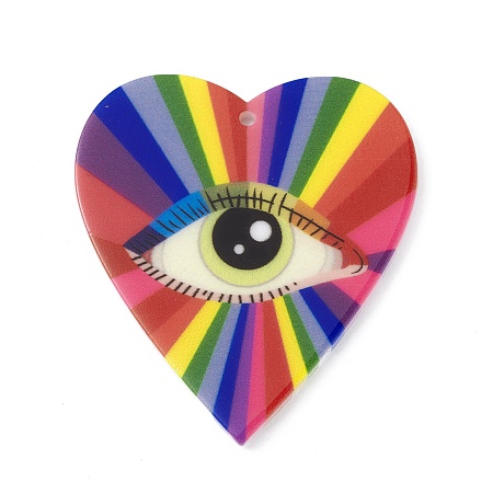 Honeyhandy Printed Acrylic Pendants, Heart with Eye Charm, Colorful, 47.5x42.5x2.5mm, Hole: 1.6mm