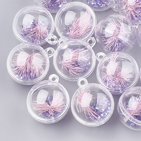 Plastic Ball Pendants, with Dried Flower and Resin, Round, Medium Purple, 36x30x30mm, Hole: 3mm
