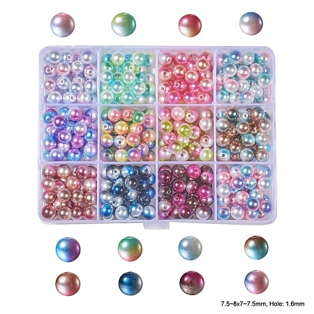 Arricraft Rainbow ABS Plastic Imitation Pearl Beads, Gradient Mermaid Pearl Beads, Round, Mixed Color, 7.5~8x7~7.5mm, Hole: 1.6mm, 12colors, about 25~30pcs/color, 300~360pcs/box